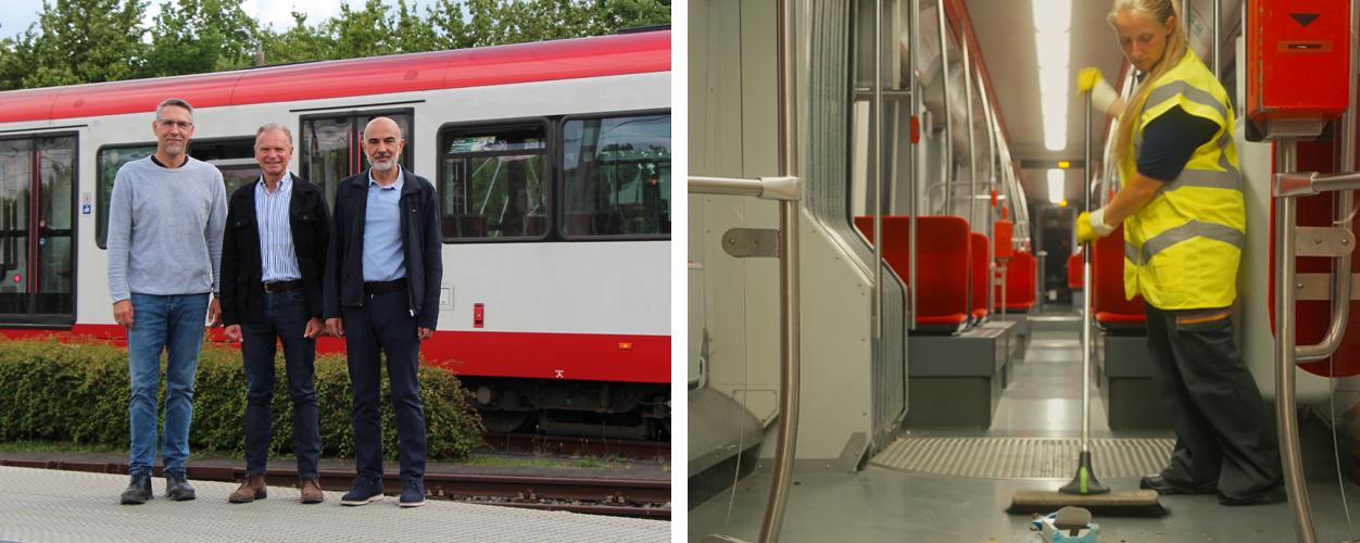 Zeki Belek und Heiko Kalis von Piepenbrock (von rechts) pflegen mit Andreas Bochmann von DSW21 ein partnerschaftliches Miteinander. Auch bei der Reinigung der Stadtbahnen zahlen sich gute Absprachen aus.