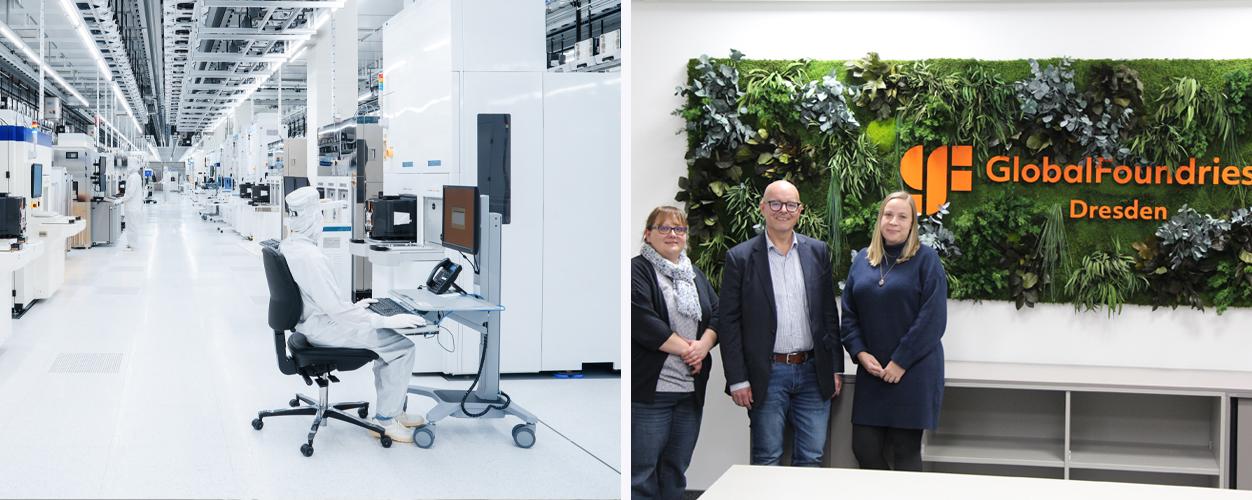 Damit die Produktion bei GlobalFoundries reibungslos läuft, arbeiten die Reinraumkräfte von Piepenbrock nach klaren Vorgaben. Bereichsleiterin Franziska Ehresmann, Niederlassungsleiter Mario Mühle und Qualitätsmanagerin Stefanie Heym von Piepenbrock (von links) freuen sich über die vertrauensvolle Partnerschaft mit dem Halbleiterhersteller. (Bild: GlobalFoundries)