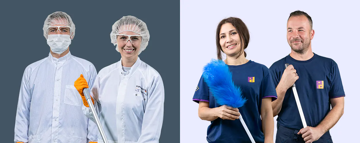Reinraumpersonal in Schutzkleidung und Reinigungskräfte in Arbeitskleidung mit Reinigungsgeräten im Vergleich