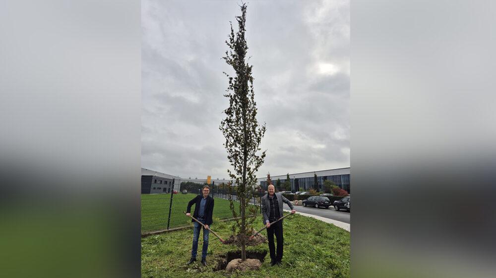 Bürgermeister Lothar Christ und Piepenbrock Regionalgeschäftsführer Thorsten Seewöster pflanzen Säulen-Blutbuche in Werne. (Bild: Piepenbrock Unternehmensgruppe)