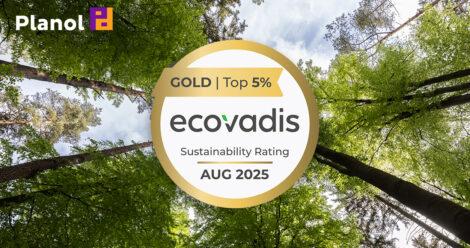 Goldsiegel von Ecovadis vor Wald-Hintergrund mit Blickrichtung Himmel